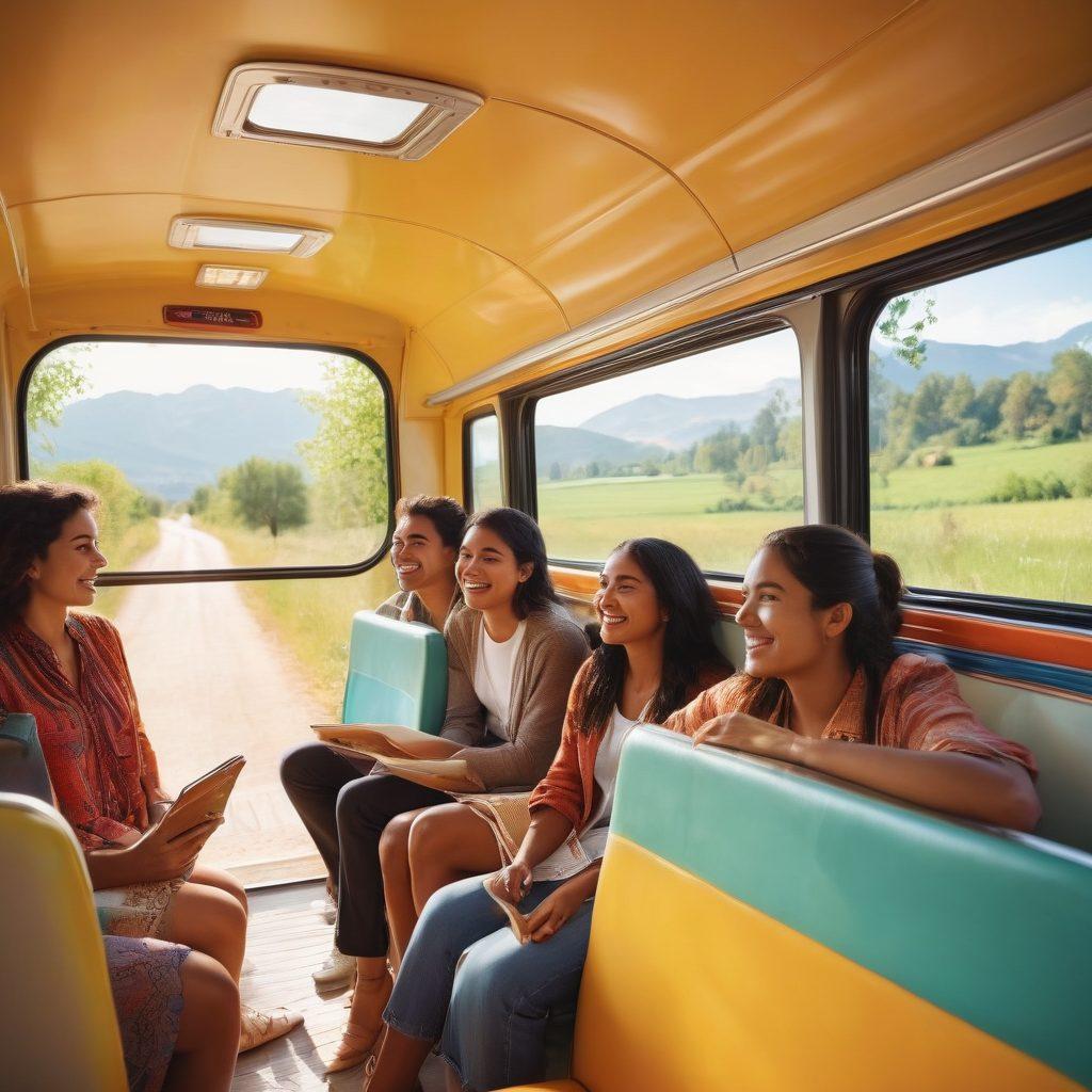 A cheerful group of diverse travelers sitting comfortably on a colorful bus, looking out the window at stunning scenic landscapes. Sunshine filters through the bus windows, illuminating their happy faces. Incorporate playful elements like travel maps and vintage suitcases. The background features a picturesque cityscape blending with nature. vibrant colors. 3D.