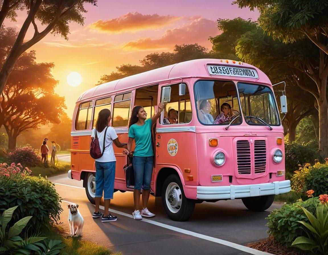 A serene travel scene showcasing a family happily boarding a bus, surrounded by lush greenery and glowing sunset skies. Include cheerful expressions, luggage packed with colorful travel stickers, and a digital reservation confirmation displayed on a modern smartphone. Emphasize a sense of joy and ease in transportation. super-realistic. vibrant colors. warm lighting.