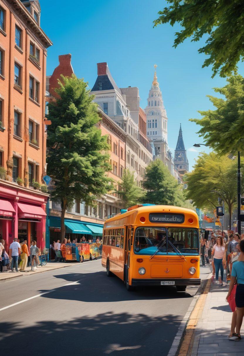 A lively urban scene featuring a cheerful bus and shuttle busy picking up happy travelers. The background showcases popular landmarks, sunlit streets, and friendly drivers waving at passengers. Bright colors evoke an inviting and pleasant atmosphere, with people smiling and luggage in tow. Emphasize a sense of excitement and adventure in travel. vibrant colors. 3D.